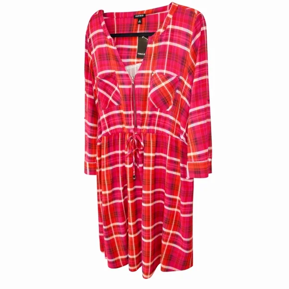 Torrid 3X Multicolor Plaid Zip Front Tie Waist Midi dress - Picture 3 of 13